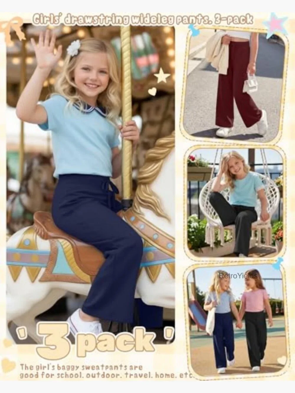 3pk Girls Wide Leg Joggers Elastic Waist Lightweight Sweatpants 5-14